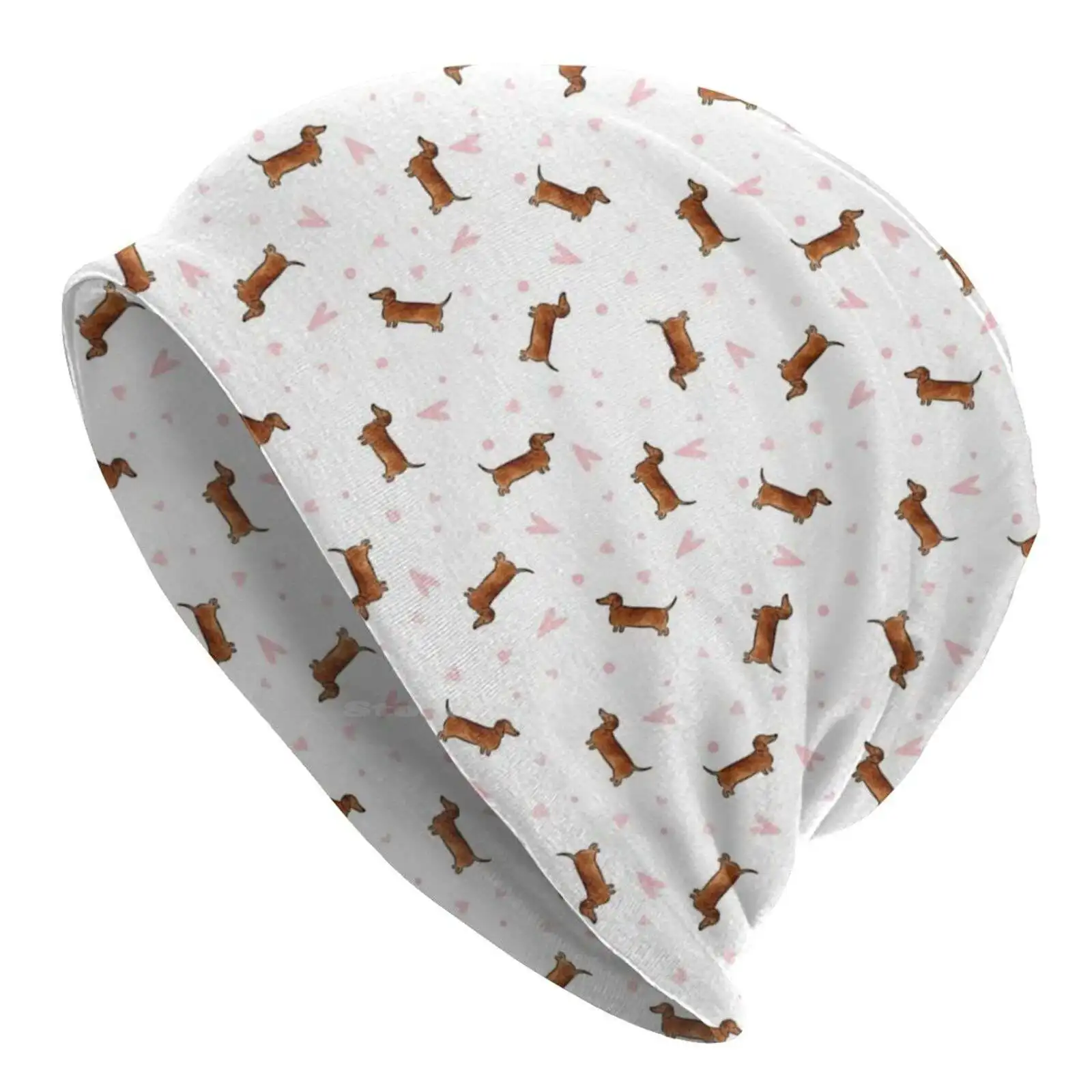 Dachshund Pattern-White Knitted Hat Warm Beanie Outdoor Caps Dogs Canine Dachshund Doxie Sausage Wiener Pattern Hearts White