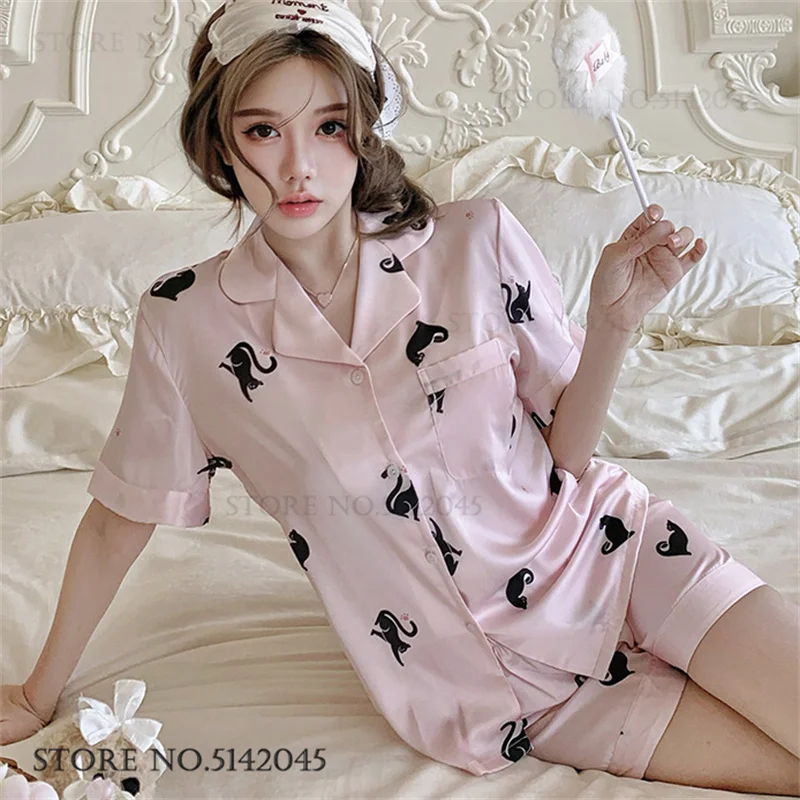

Summer New Ice Silk Sleepwear Female 2Pcs Pajamas Set Sweet Cute Cartoon Short Sleeve Shorts Pijamas Suit Loose Casual Homewear