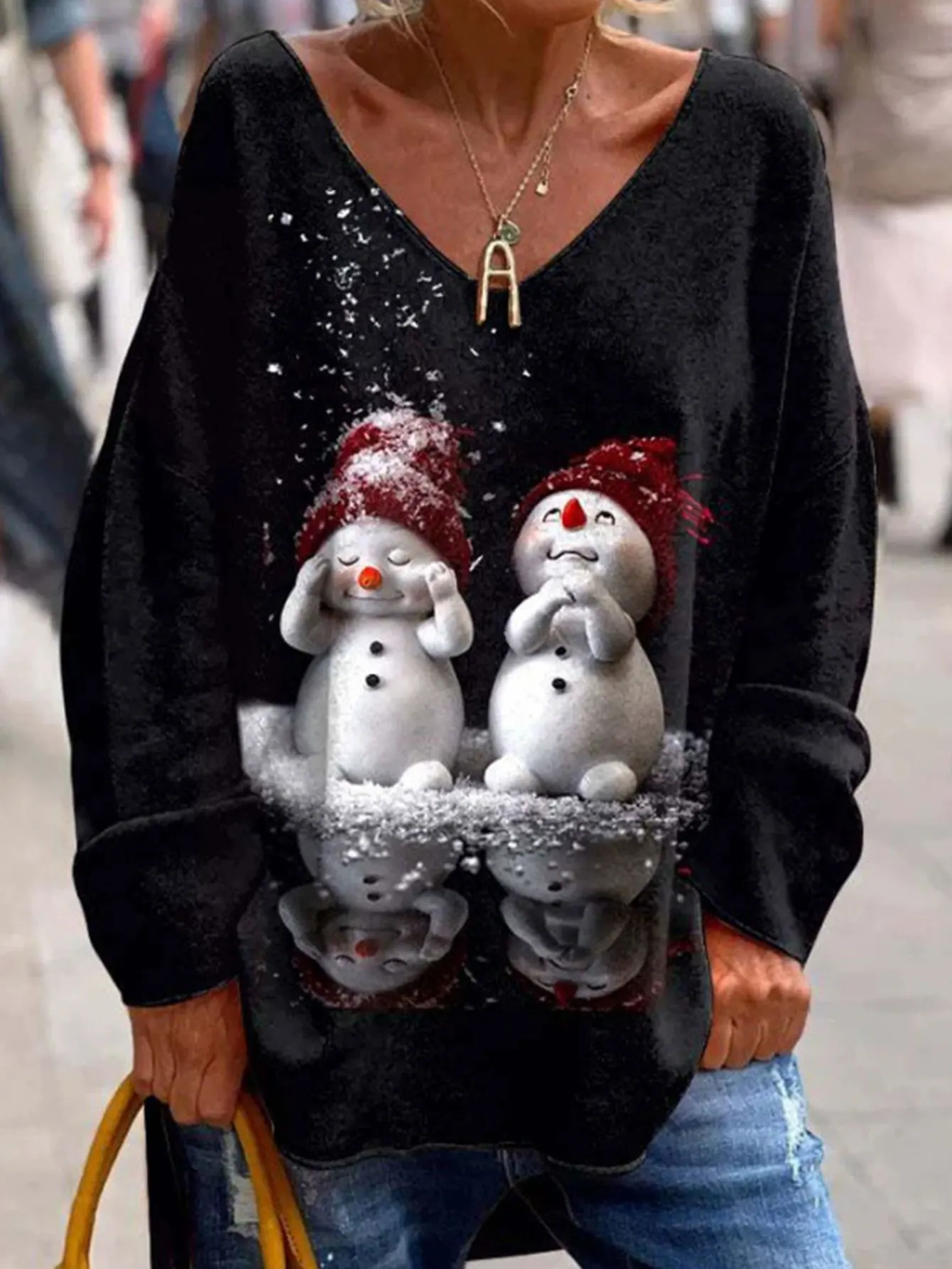 

Women's Autumn Winter 2025 T-Shirts Daily Basic Snowman Print Long Sleeve V-Neck Casual T-Shirts