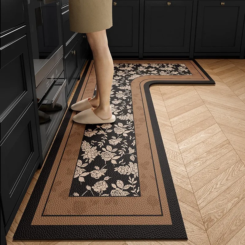 Kitchen Carpet L-shape Rug Brown Retro Waterproof Dirt-resistant Floor Mat Light Luxury Floral Anti-Slip Foot Mats Ковер Tapis