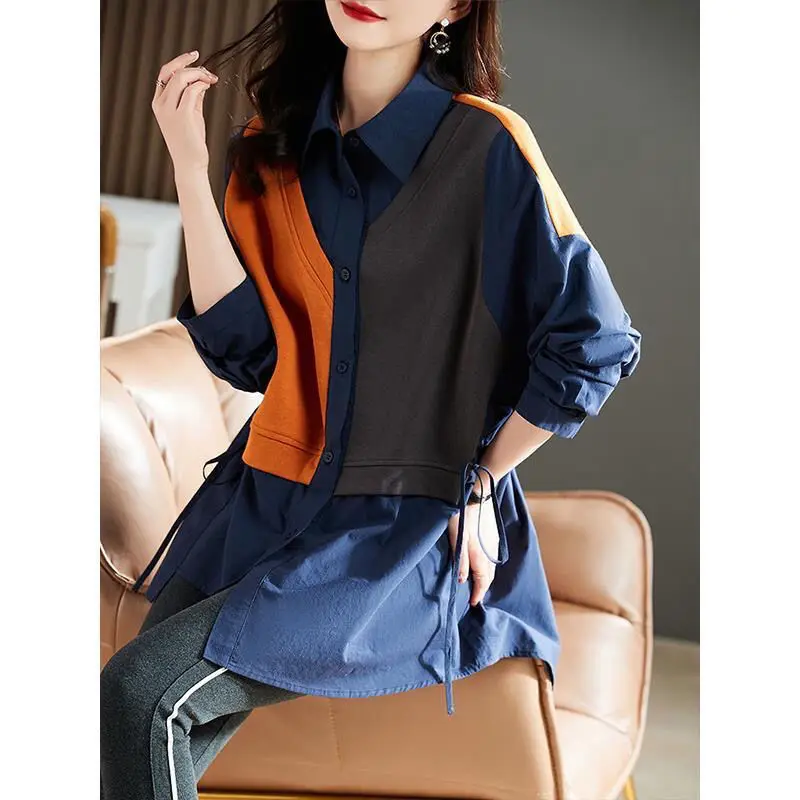 Fashion Loose Shirring Fake Two Pieces Color Shirt Women\'s Clothing 2023 Autumn New Casual Tops Commute Blouses