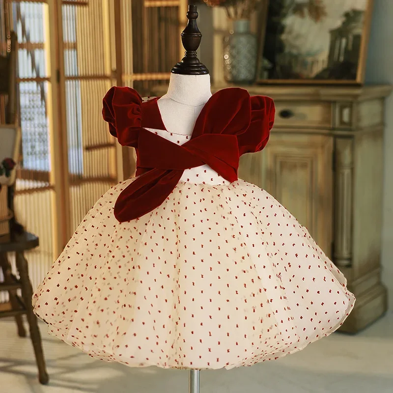 Baby Girl Flower Polka Dots Dress Kids Bridemaid Dresses For Children Vintage Ball Gowns Girls Wedding Party Elegant Frocks