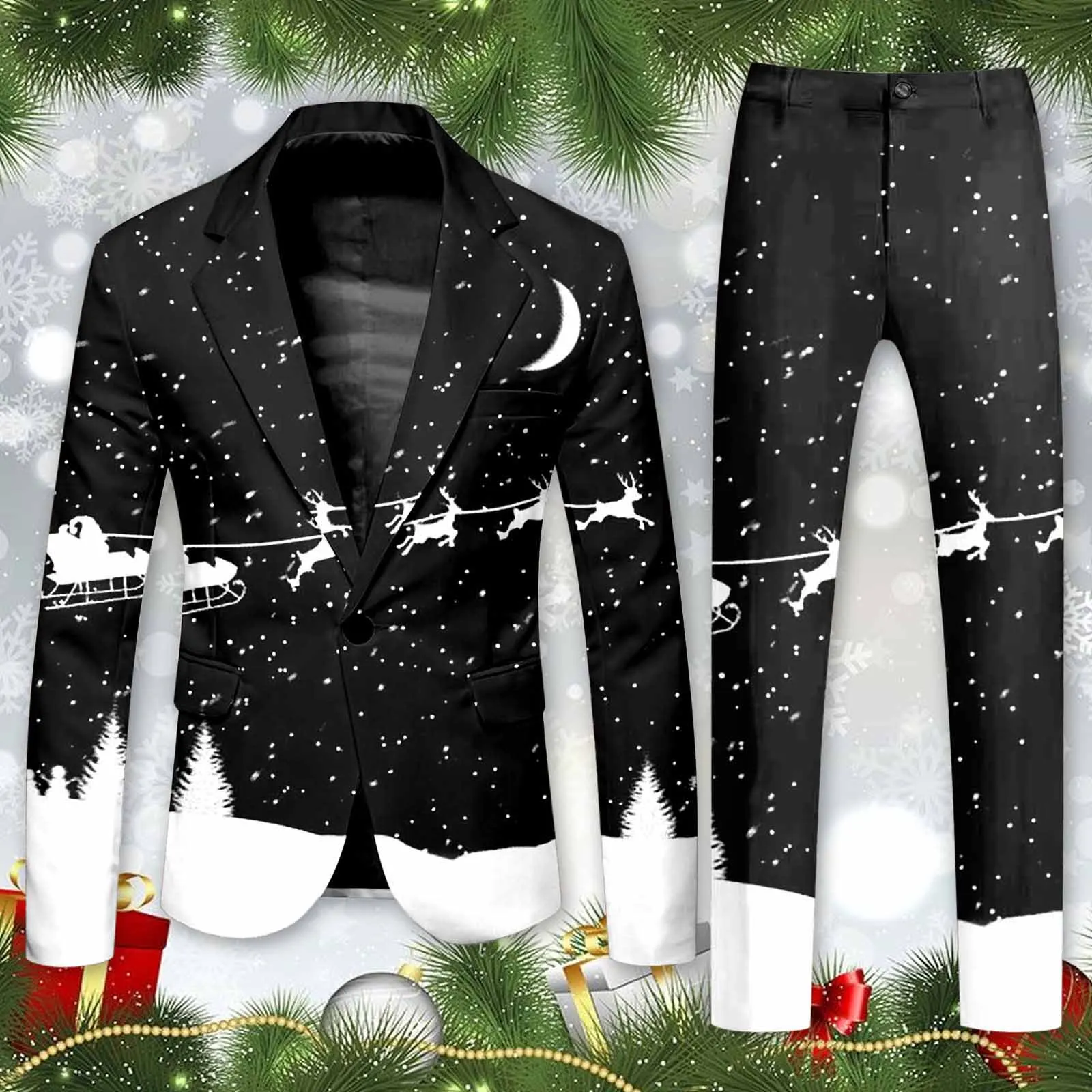 Christmas Men Formal Party Blazer Suit Pants Set Lapel Long Sleeve Single Button Pockets Suit Coat Slim Long Pants Blazer Set