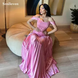 Smileven Pink Pleats A Line Evening Dress  Sleeveless Prom Dresses Saudi Arabia Off Shoulder Evening Party Gowns 2024 With Train