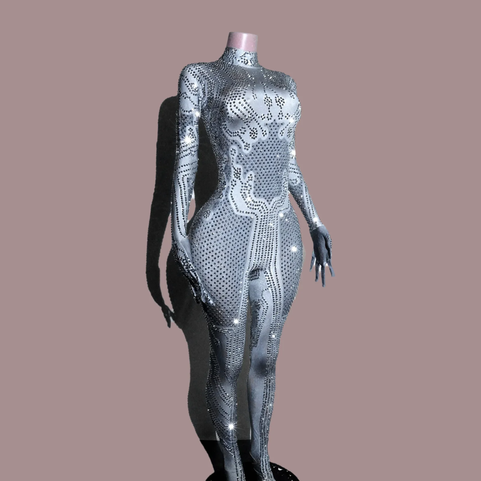 

Glitter Grey Full Crystal Long Sleeve Jumpsuit Drag Costume Show Singer Performance Femme Show Girl gogo dj Outfit Festival Club