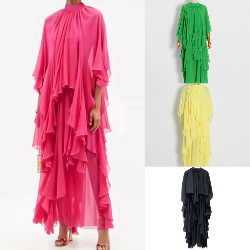 

Summer Elegant Vacation Style Long Dress New Fashion Stand Neck Sexy Drop Chiffon Ruffle Edge Dress 4 Color White Women's 2023