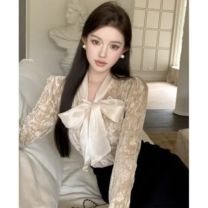 

Bow Lacing Patchwork Korean T Shirts Solid All-match Youth Fashion Pullovers Top Spring Autumn New Trend Elegant Women Clothing