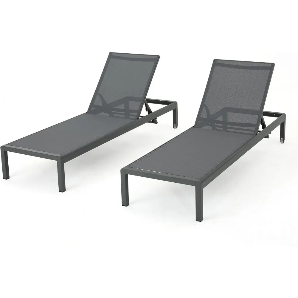 Cape Coral Outdoor Aluminum Chaise Lounges with Mesh Seat, 2-Pcs Set, Grey / Dark Grey, Head Legs with Wheels for Easy Mobility