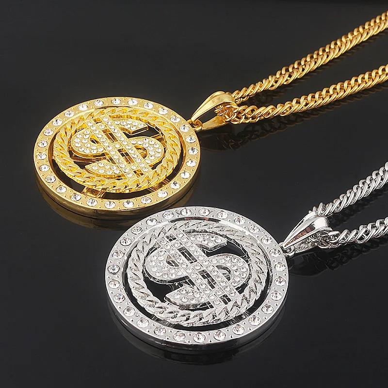 Hip Hop Rotatable US Dollar Pendant Necklace Men Gold Sliver Color Ice Out Crystal Sign Rock Pendant Bling Rapper Bling Jewerly