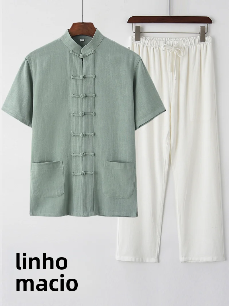 summer-thin-cotton-linen-short-sleeve-men's-tang-suit-buttoned-retro-half-sleeve-set-casual-comfortable-breathable-men's-wear