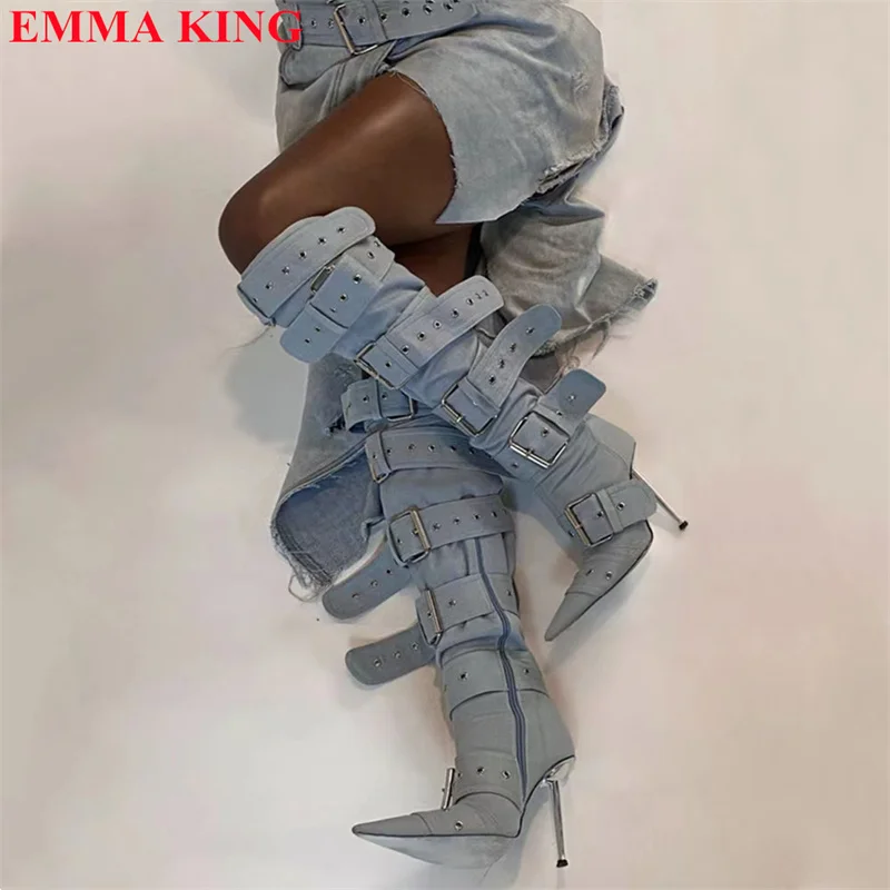 الإناث مشبك حزام عبر تعادل فوق الركبة الأحذية أشار تو كعب معدني دراجة نارية أحذية عالية الكعب الفخذ أحذية عالية امرأة