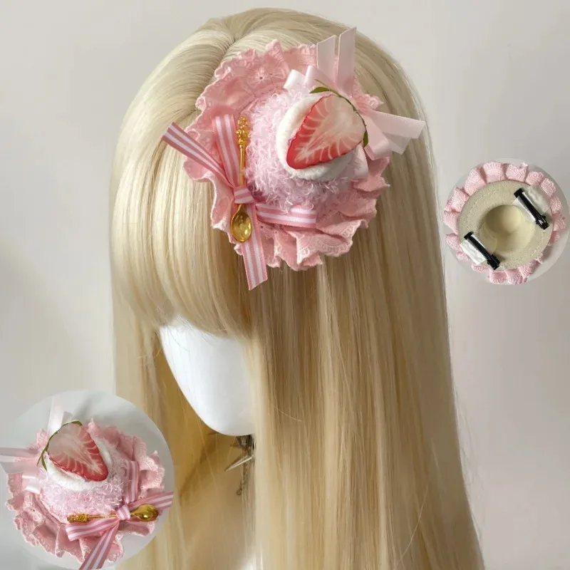 Caliente nuevo hecho a mano Lolita dulce pastel sombrero mucama Cosplay rayas fresa Clip LATERAL KC artesanía accesorio para el cabello