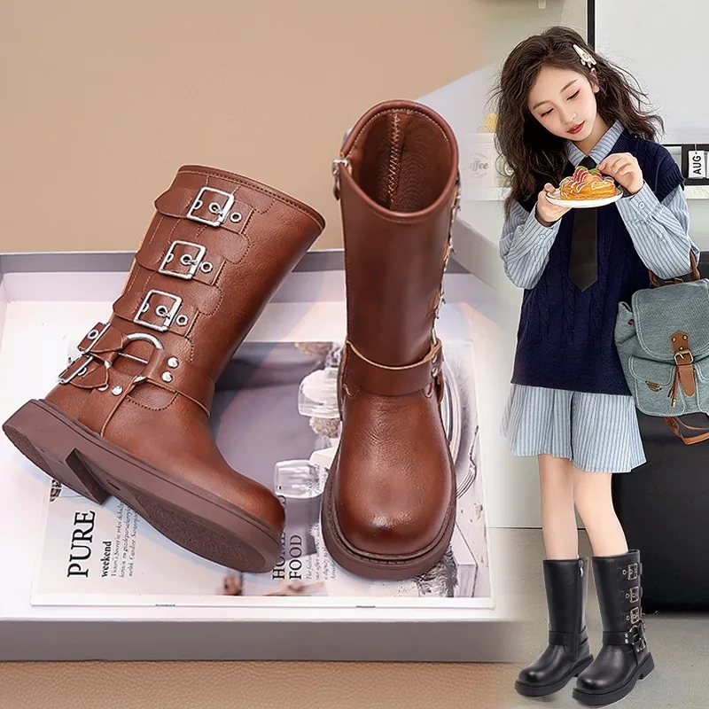 

Brand Design Metal Buckle Knee High Boots For Girl Side Zipper Cowboy Long Booties Kids Autumn Thick Sole Round Toe Combat Boots