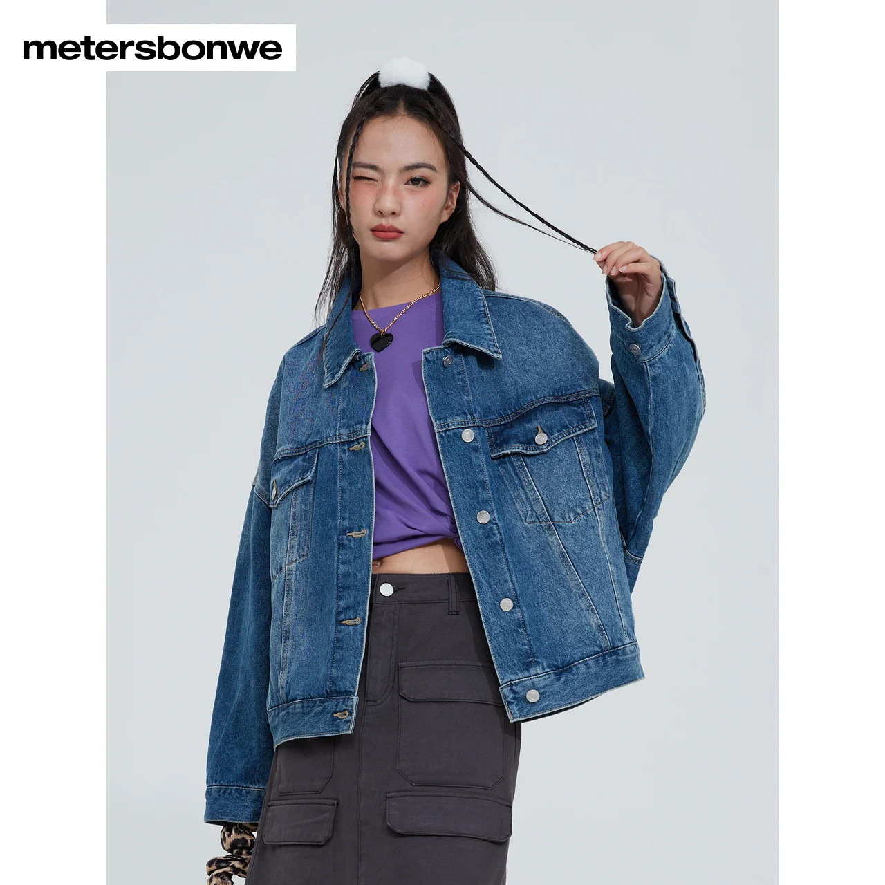 Metersbonwe Denim Coat Women Autumn New Basic Silhouette Jacket Fashion Solid Color Outerwear Trend Ladies Coat Brand Tops