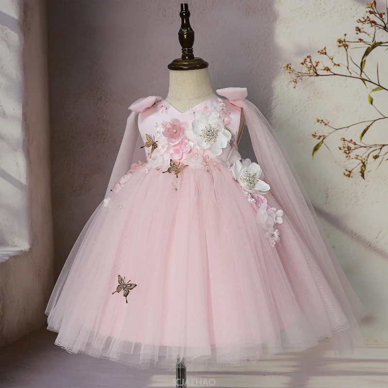 

2025 Wed Dress Clothes Children Girls Tulle Sleeveless Jumper Host Dresses Costume Handmade Applique Kids Birthday Princess Gown