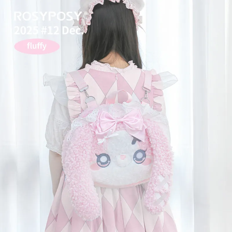 

RosyPosy Fluffy Plush Bunny Backpack Cute Big Face Lace Bow Soft Furry Lolita Style For Girls Daily School Casual Shopping Trips