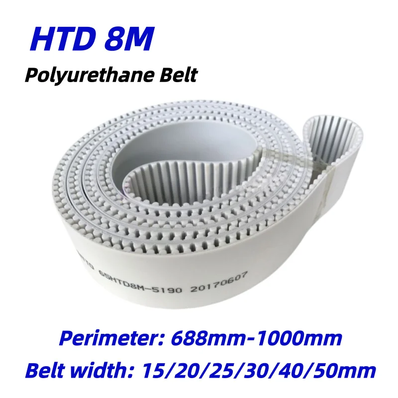 Closed Loop HTD8M PU Timing Belt White Polyurethane 8M Synchronous Gear Belt Width 15/20/25/30/40/50mm Perimeter 688-1000mm