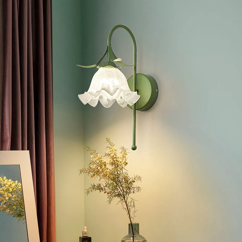 French Cream Wind Acrylic Glass Wall Lamp Living Room Bedside LED Lights American Retro Bell Orchid Corridor Sconce Lamp