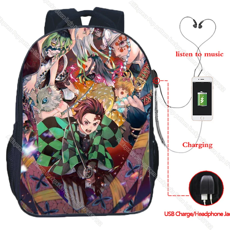 Demon Slayer Kimetsu nie Yaiba plecak z USB Nezuko Uzui Tengen Student Laptop wodoodporna plecak szkolny torba podróżna dla nastolatków