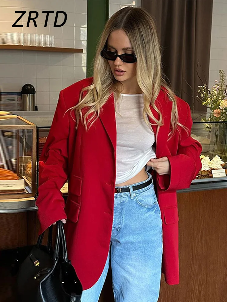 Casual Red Oversize Jacket Women Loose Lapel Long Sleeve Single Breasted Pockets Coat 2024 Autumn Lady High Street Outerwear