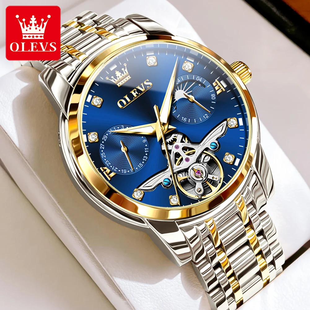 

OLEVS High Quality Watch for Men Automatic Mechanical Flywheel Design Waterproof Wristwatch Moon Phase Date Business Men's Watch