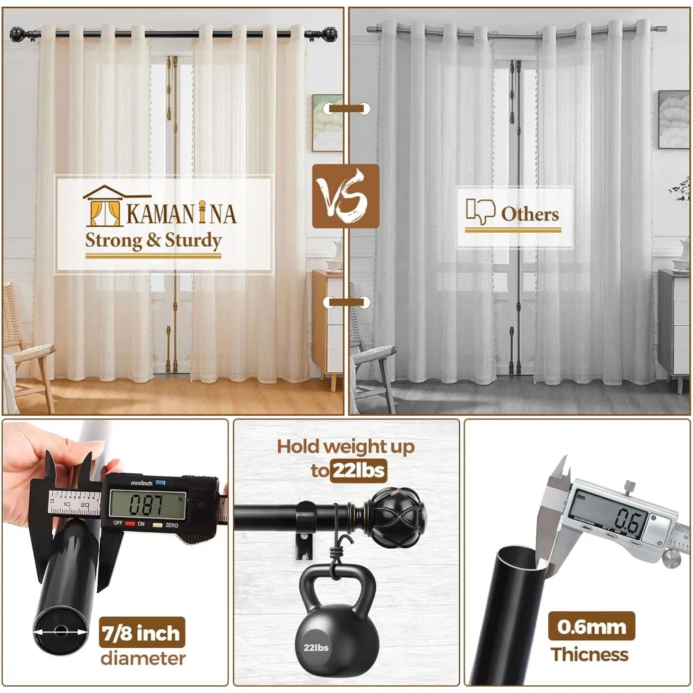 KAMANINA Heavy-Duty 7/8 Inch Adjustable Curtain Rod, Extendable from 72 to 144 Inches for Windows