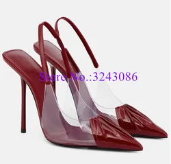 Wine Red PVC Patchwork Sandals Lady Sexy Pleated Pointed Toe Thin Heel Woman Pumps Fashion Party Shoes Dropship