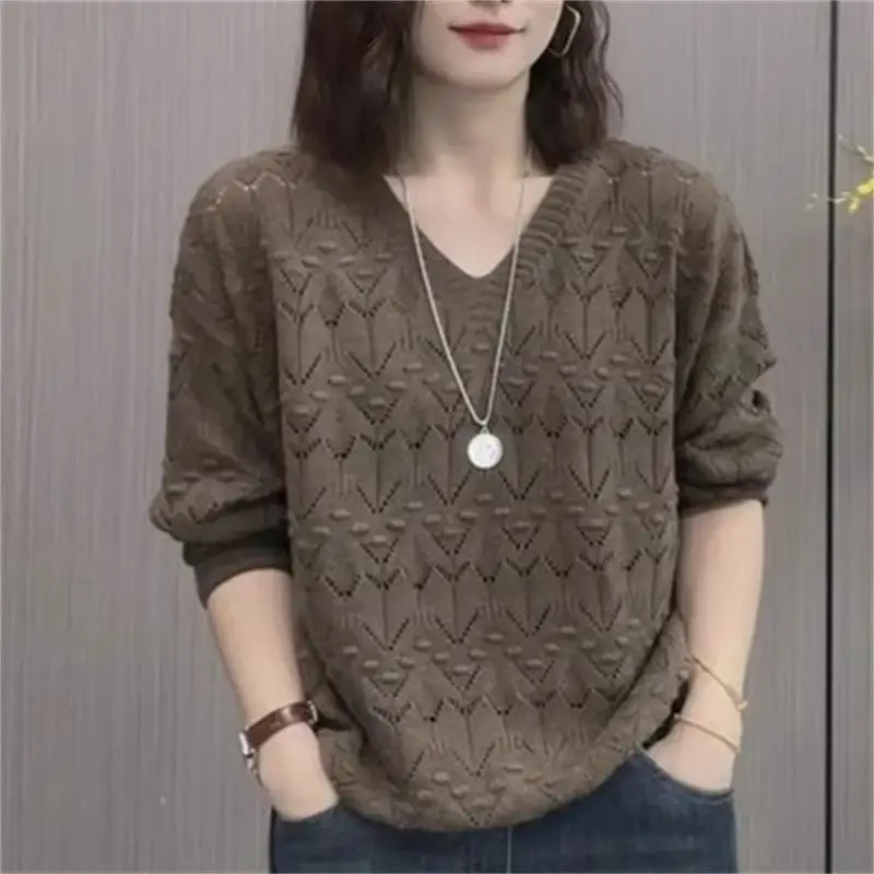 Spring Autumn Crew Neck Long Sleeve Hollow Out Solid Color Women\'s Clothing Pullover Sweater Knitted Casual Loose Vintage Tops