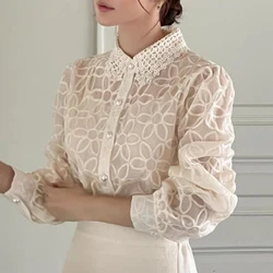 New Sweet embroidery Tops Retro Two-piece set Patchwork Flower Lace Shirt Fashion Single breasted Long sleeve Women Blouse