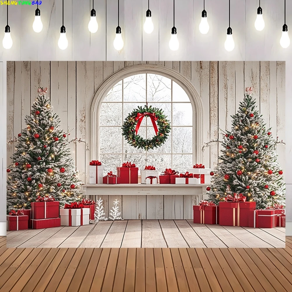 

Festive New Year Background Homely Atmosphere Fireplace With Christmas Tree Presents Wreath Archway Photography Backdrops DC-27