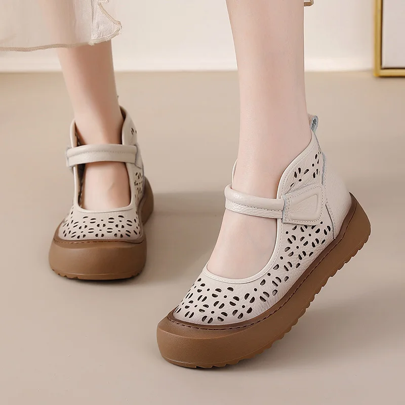 

New summer natural leather boots woman designer cutout high top shoes women's breathable booties ladies hollow ankle strap boots