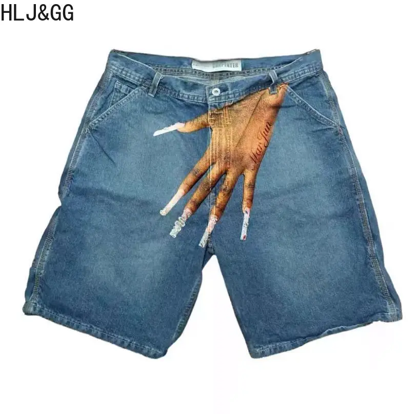 HLJ&GG Y2K Trend Pattern Printing Two Piece Sets Women Round Neck Sleeveless Top And Denim Shorts Outfit Fashion 2pcs Streetwear