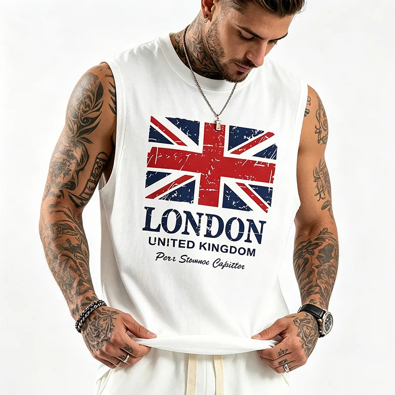 100% cotton men's summer sleeveless top Vintage Distressed Flag Letter Print Crew Neck Tank Top Casual Streetwear T-shirt-H14