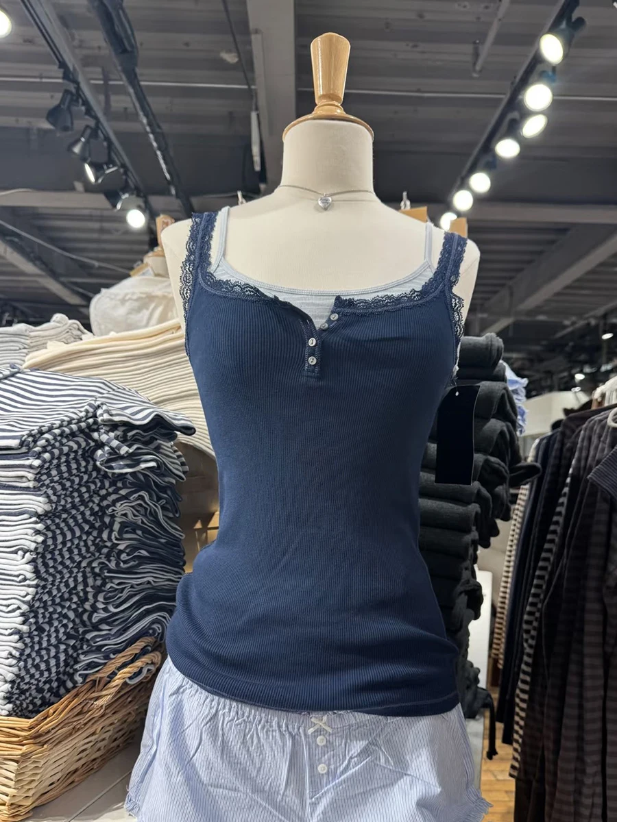 Navy Four Buttons Tank Top Woman Summer Simple Basic Lace Trim Ribbed Cotton Slim Camisole Sweet American Vintage Camisole Y2K