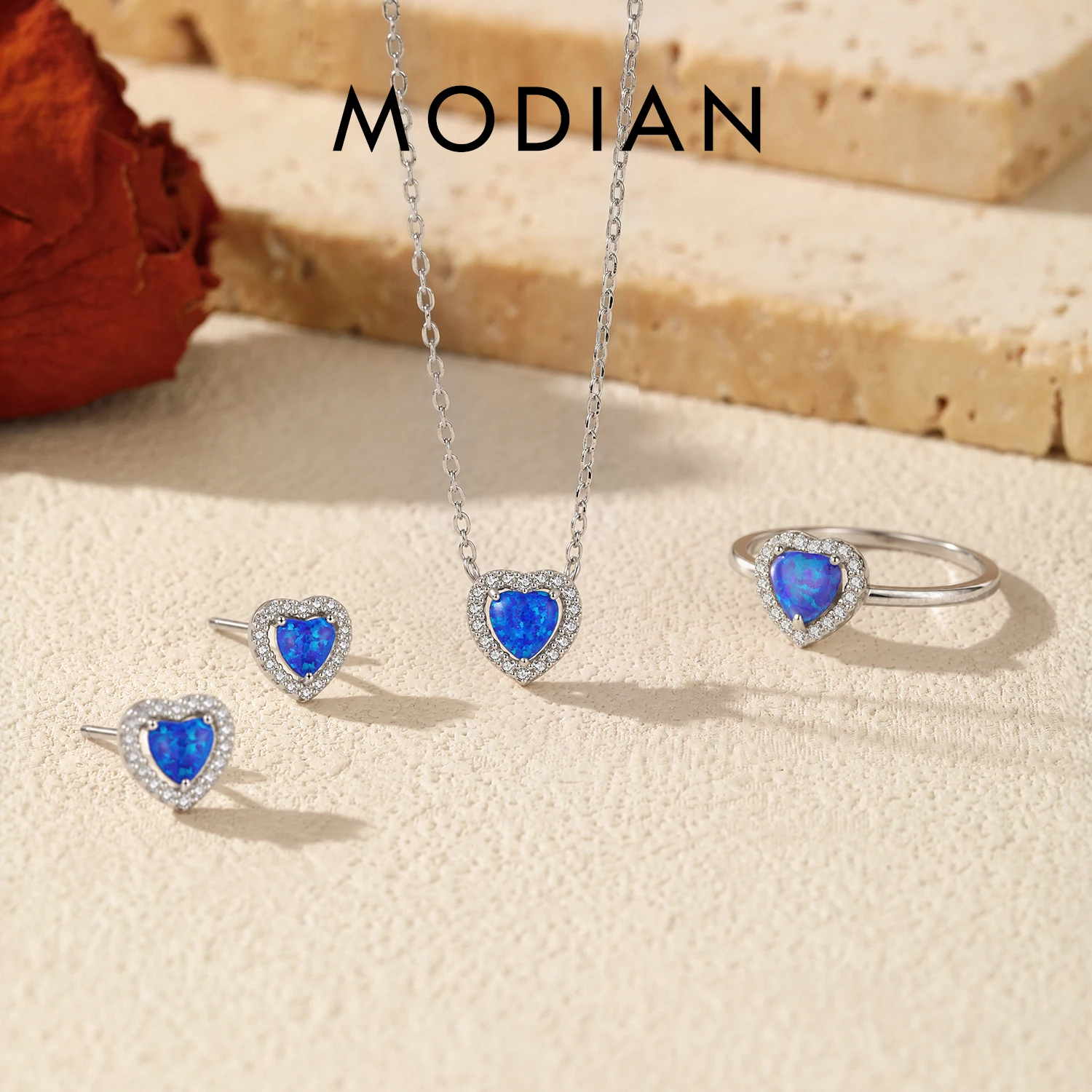 modian-925スターリングシルバー製、繊細なデザインの濃い青色オパールを使用したネックレス、リング、トレンド感のあるスタッドピアス。女性向けの高級ジュエリーセット。