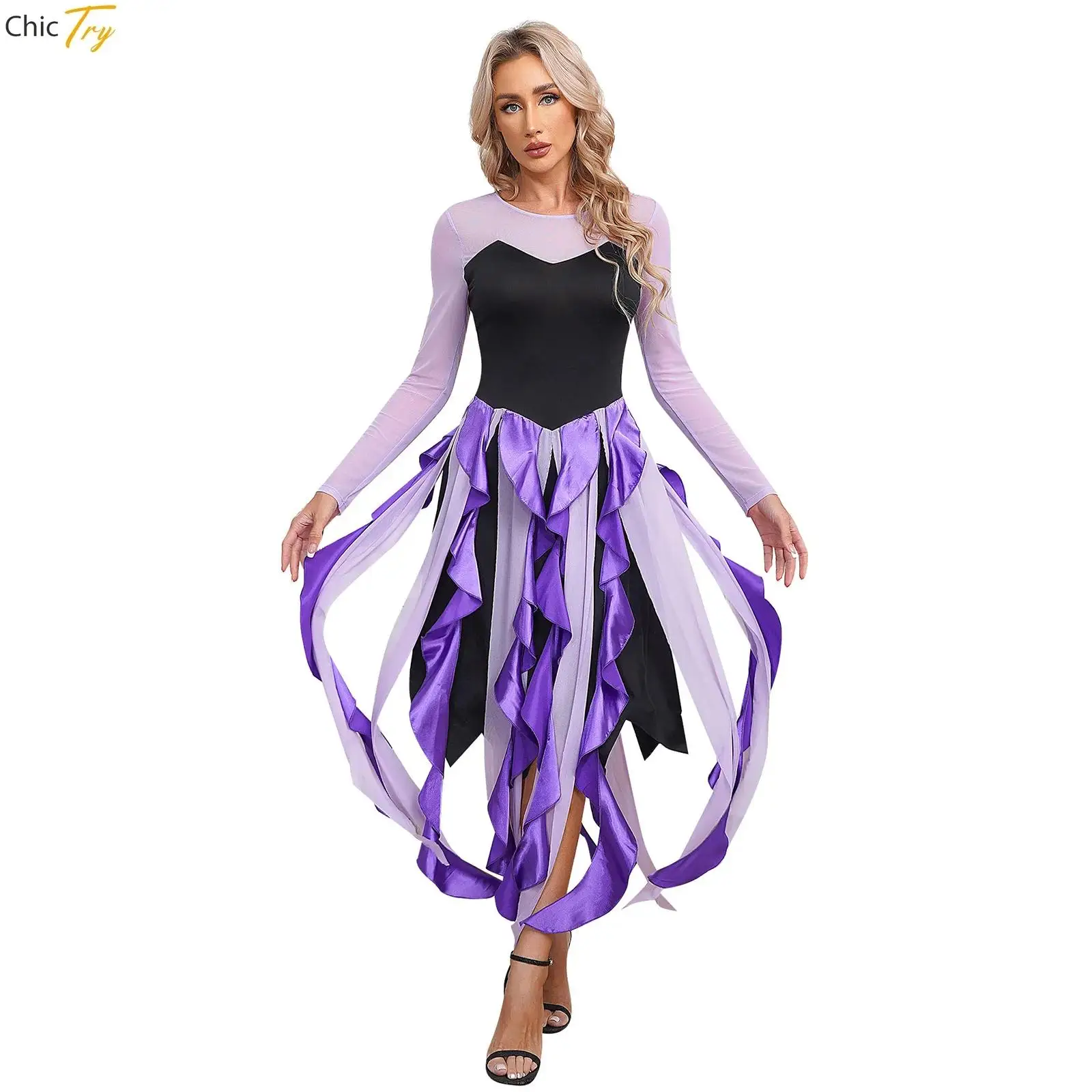 Women Mermaid Ursul Cosplay Costume Halloween Theme Party Masquerade Octopus Role Play Clothes Long Sleeve Cascading Maxi Dress