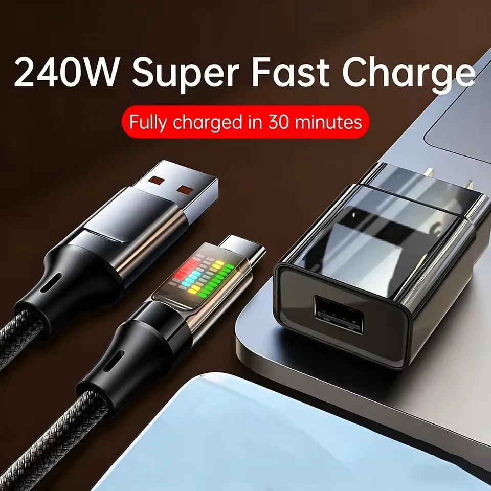 1Pcs 120W Type-C Fast Charging Cable 6A USB-A To Type-C Nylon Data Cord With Colorful LED Display USB C Cable For Xiaomi Samsung
