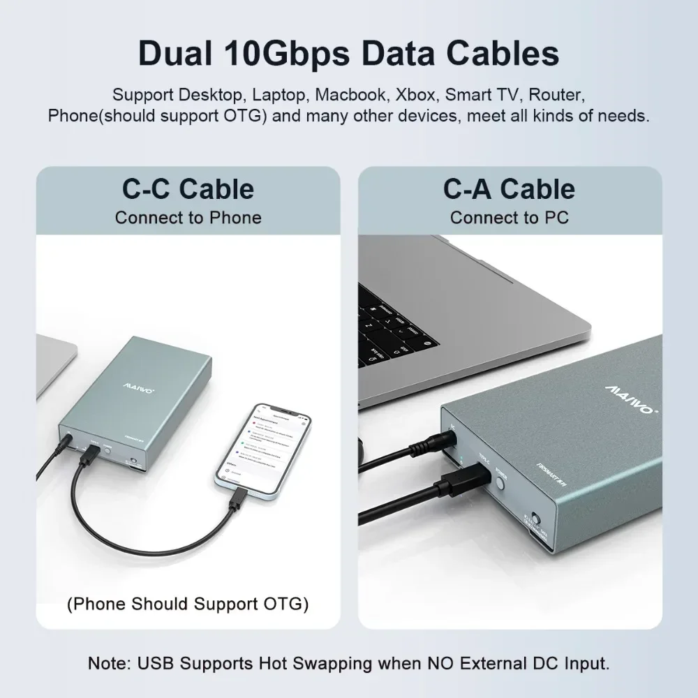MAIWO Dual Bay M.2 SSD Enclosure 2.5/3.5 "SATA SSD/HDD Hard Drive Eksternal NVMe NGFF 10Gbps PCIe Casing USB-C Portabel Laptop PC