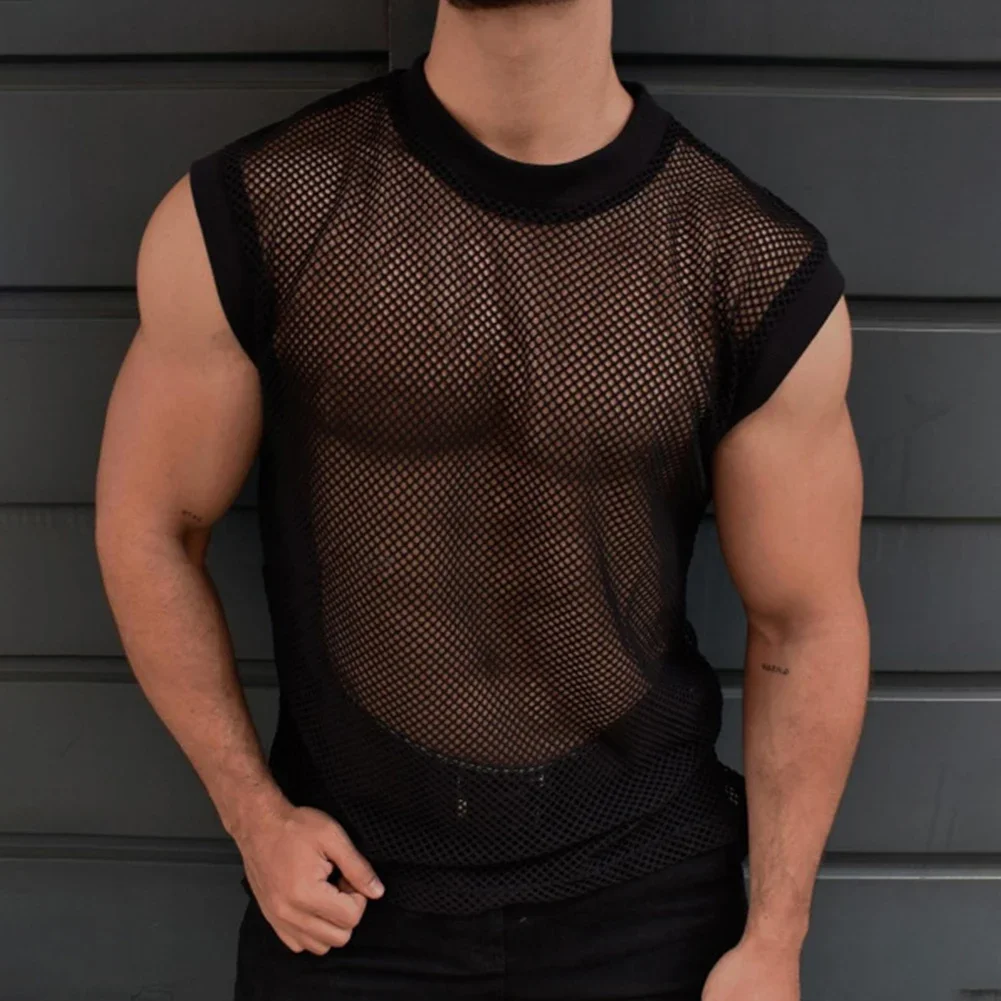 Bodybuilding Vest Mens See-through T Shirt Brand New Crew Neck Four Seasons Regular Length For Party Nightclubs