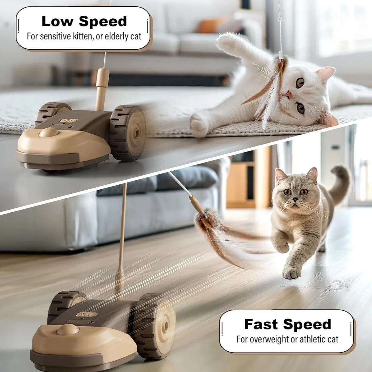 Dual-Speed Interactive Cat Toy Car, Auto Moving Feather Wand with Replaceable Heads for Indoor Cats Self-Play gallery 4