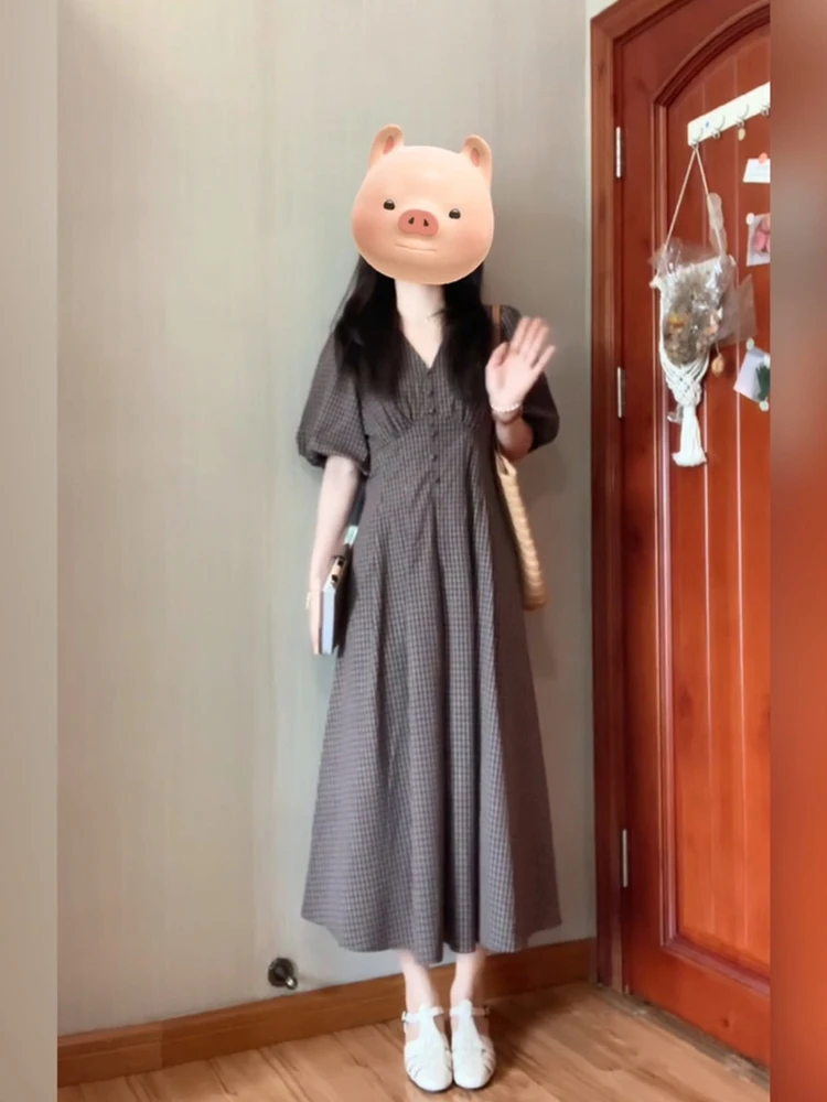 

XZY Vintage V-Ne Plaid Loose Women's Dr Summer Slimming Commute Long Skirt Casual Sle Polyester Fiber ort Sve