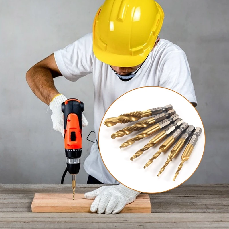 7Pcs 1/4Inch Hex Shank Titanium Combination Drill And Tap Set Metric Thread HSS M3-M10 Screw Tapping Bit Tool