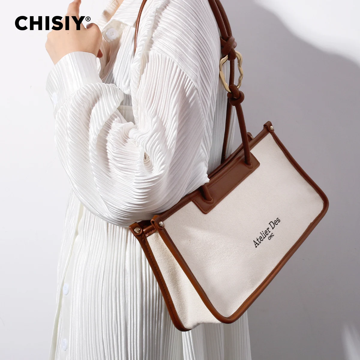 CHISIY Original Handmade Brown Corduroy Letter Detail Bag With Splice Design And Asymmetric Buckle Decoration, Large Capacity Sh