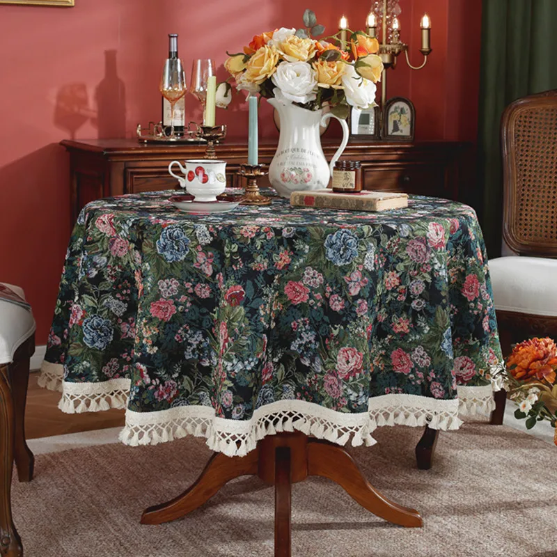 

Table Cloth Round Painting Jacquard Retro Tablecloth Pastoral Style with Tassel Coffee Home Decorative Table Cover Anti-stain