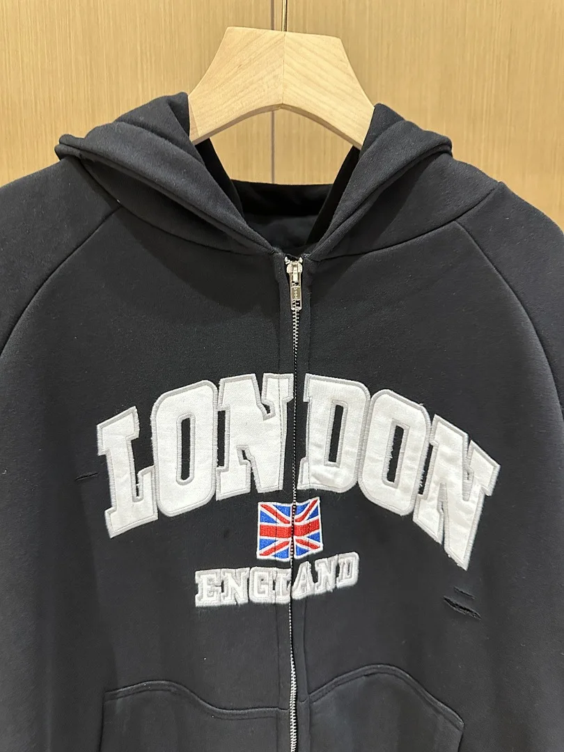 25S Washed Deconstructed London Embroidered Patchwork Zip-Up Hoodie Unisex Streetwear  Oversized Jacket Fashion Brand