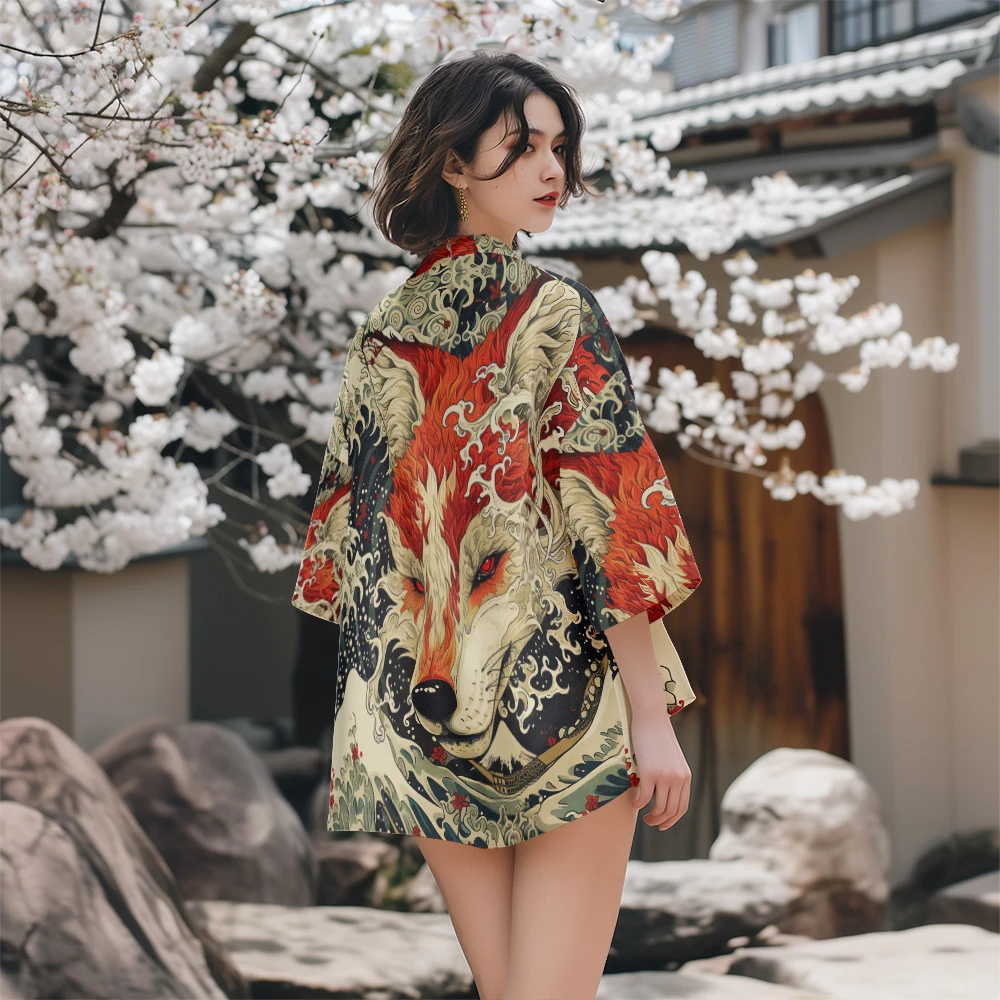 Kimono samurái con estampado Animal para hombre, ropa de calle Haori, moda japonesa, cárdigan Yukata, bata Vintage, Cosplay de verano