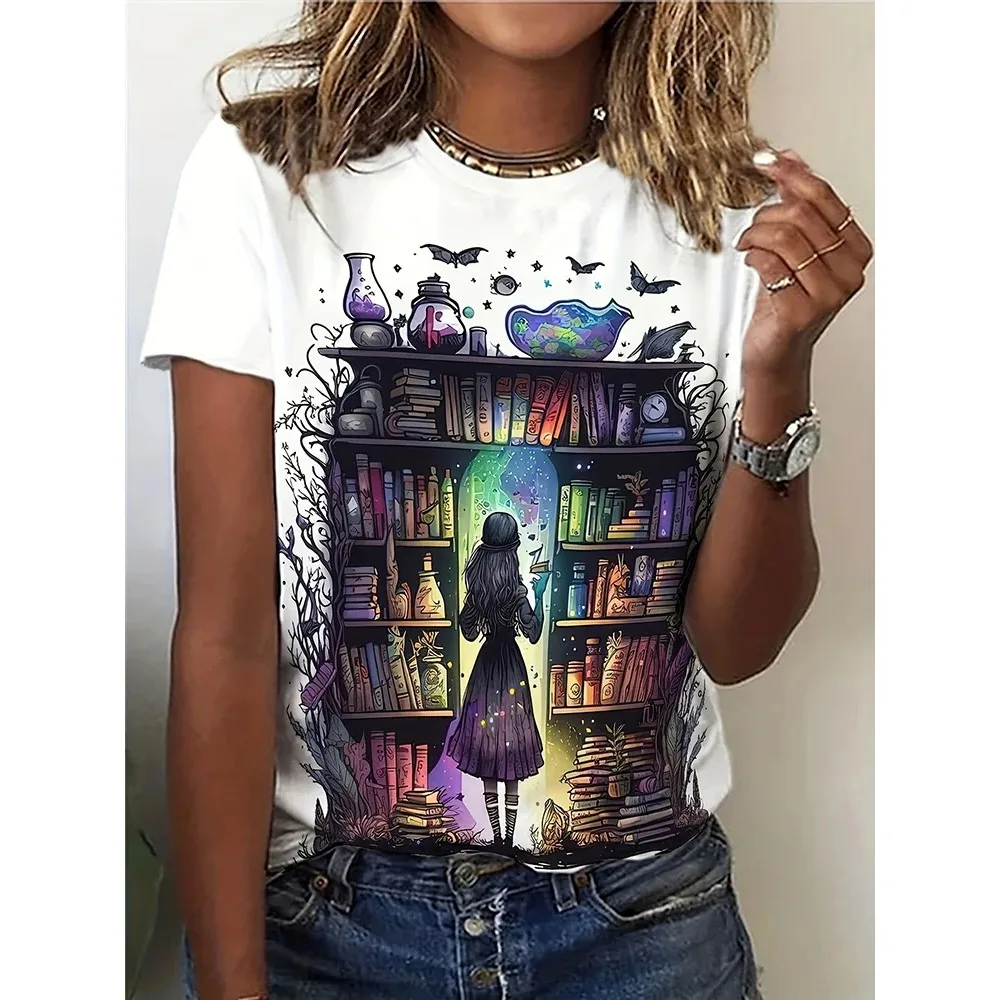 

Женская футболка с 3D мультяшным принтом «Книга и магия», летняя повседневная повседневная женская футболка с короткими рукавами, уличные модные топы Y2k