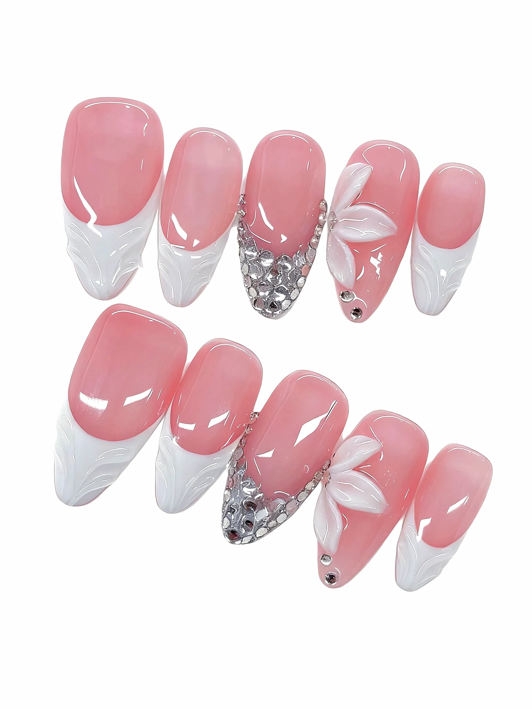 

Feminine Floral Press on Nails - Pink Base & 3D Flower Embellishments（D523）