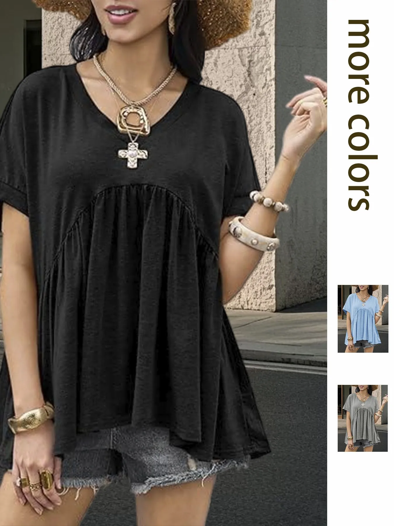 New Summer Women's Wear Western Style Loose Babydoll Shirt High Waist Slimming Pleated V-neck T-shirt