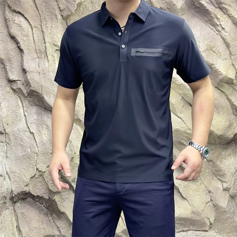 High-End Series Silk Luster Precision Yarn Pique Men's Zipper Seamless Glue  Shirt Standard Fit Youth Trend Summer Modern...